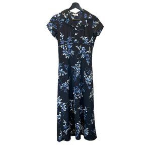 Vintage 90s Blue Floral Short Sleeve Full Length Collared Dress Small